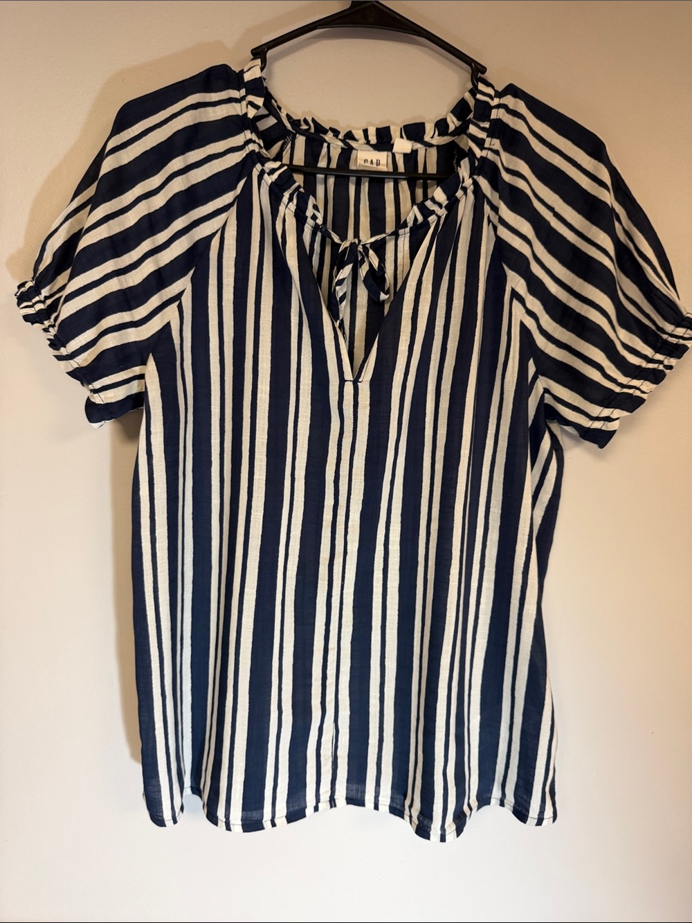 Gap Summery Cotton Peasant Tie Neck Blouse White & Navy Stripes Top Size S